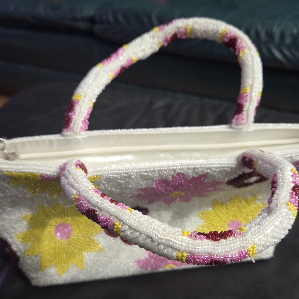#12 - Floral Beaded Handbag - White, Pink, Yellow - Picture 3 of 3